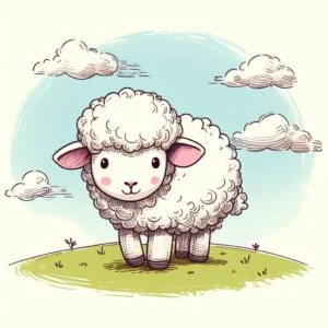 Una ilustración de una oveja blanca y esponjosa con un lazo rosa en la cabeza, que mira a la cámara con una expresión de ternura.