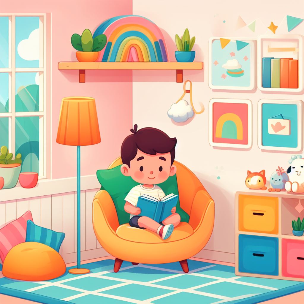 rincón de lectura, Ilustración de un niño leyendo en una habitación colorida