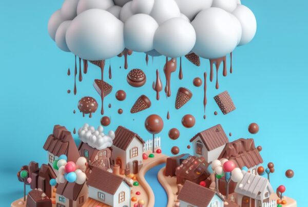 Una ilustración de una aldea de chocolate bajo una nube de algodón de azúcar