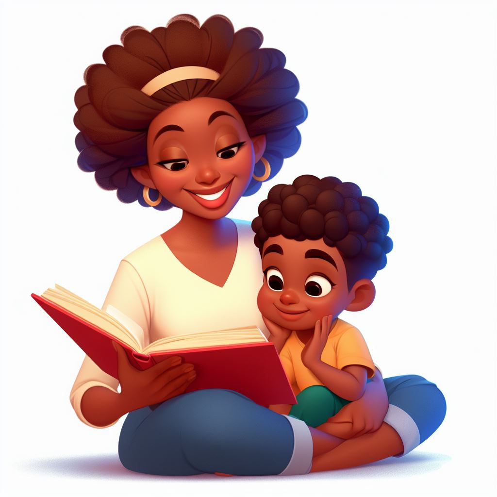 Cómo leer en voz alta a tu hijo, Una ilustración de una madre y un hijo leyendo un libro juntos de cuentos para mimir.