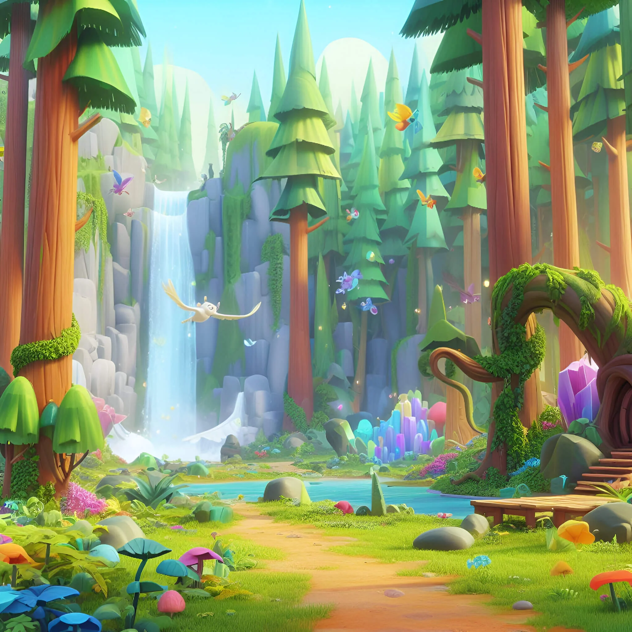 cuentos del mundo, Un mundo de fantasía con árboles, cascadas y criaturas mágicas.