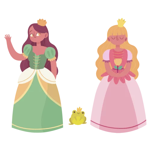 Una imagen de dos princesas de dibujos animados con un sapo en un fondo transparente
