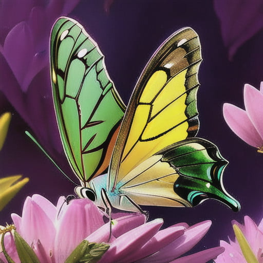 Una imagen de una mariposa amarilla y verde posada en una flor rosa