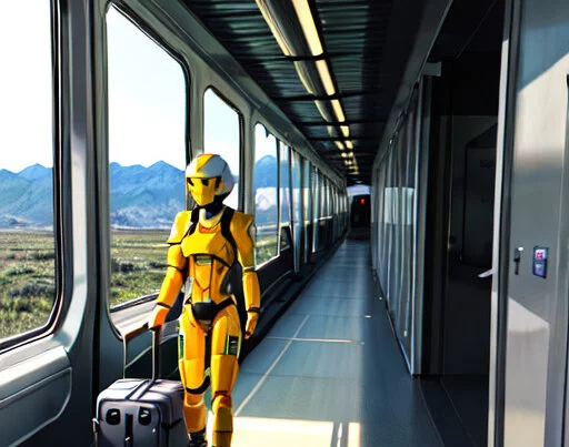 Una imagen de un robot amarillo caminando por un pasillo de un tren con una maleta en mano