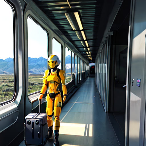 Una imagen de un robot amarillo caminando por un pasillo de un tren con una maleta en mano