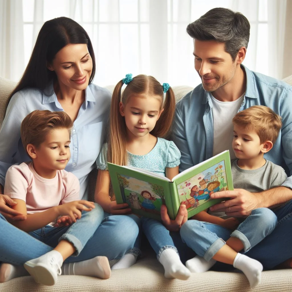 cuentos familia , beneficios de la lectura , imagen de unos padres leyendo a sus hijos