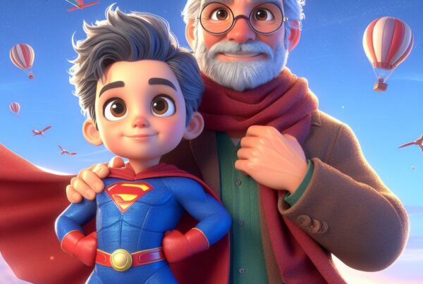 Ilustración de un niño y su abuelo con capas de superhéroes, listos para la aventura, representando la historia: Mi abuelo es un superhéroe