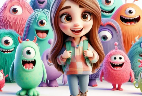 Una niña con la cara feliz y colorida con amigables monstruos