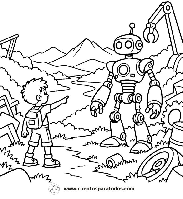 Dibujo para colorear del cuento Leo y el robot amigo: Aventura en el Mundo de Basura