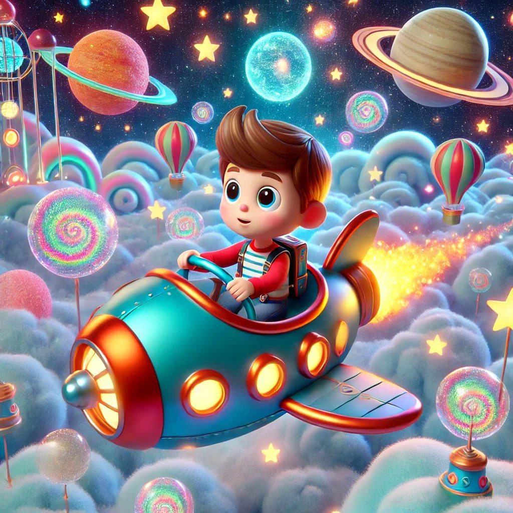 Toby en una nave espacial de sueños flotando en una galaxia colorida y estrellada