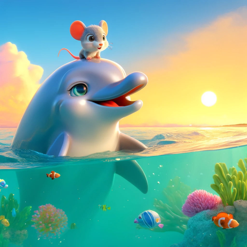 Una escena de fantasía en 3D que muestra a una delfina amigable llamada Daisy enseñando a nadar a un pequeño y curioso ratón.