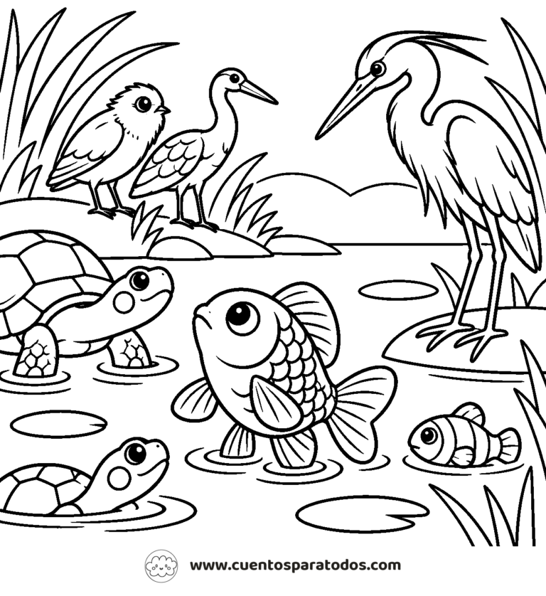 Dibujo para colorear del cuento El Pez Curioso y el Río Sabio
