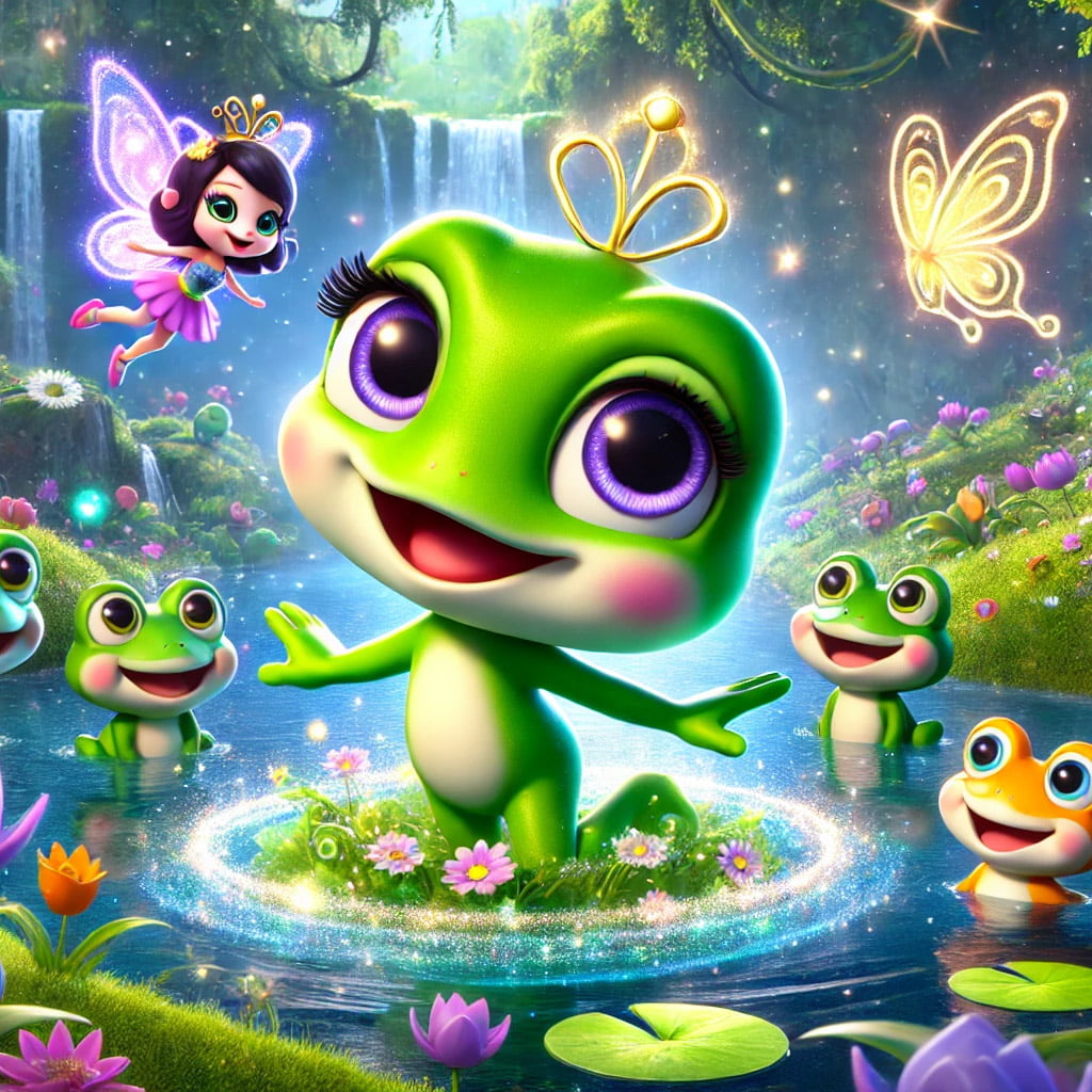 Fifi la rana nadando felizmente en un estanque mágico, rodeada de amigos ranas y un hada brillante.