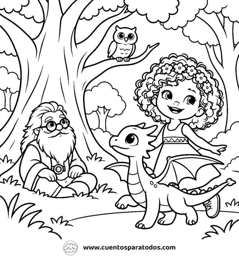 Dibujo para colorear del cuento La Aventura de Lila y el Bosque Encantado