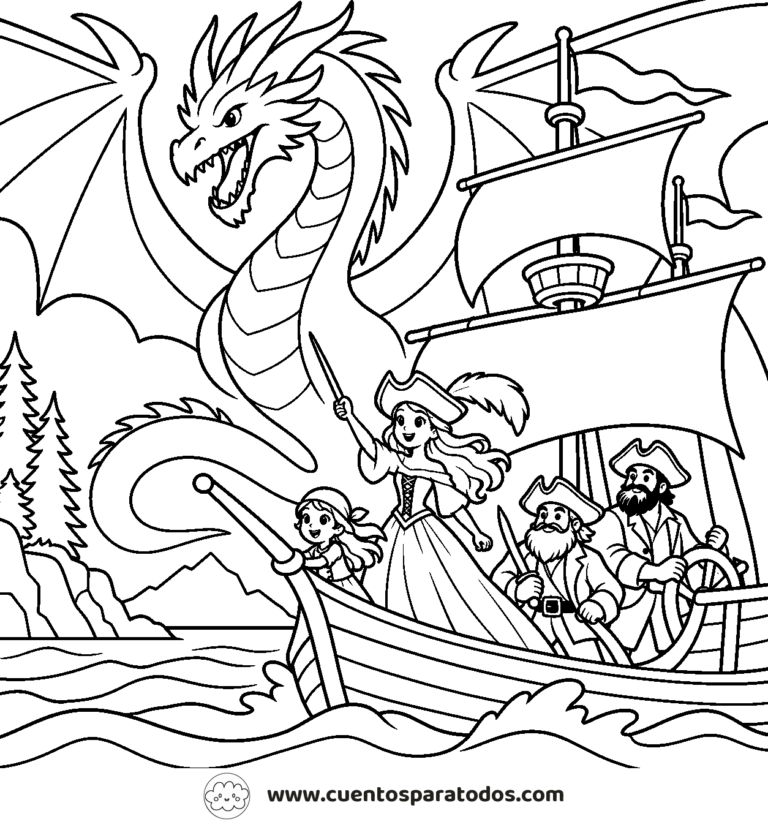 Dibujo para colorear del cuento La Princesa Pirata y el Dragón del Mar