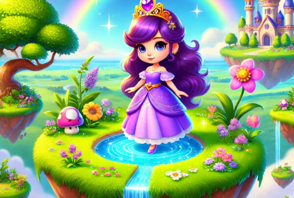 La Princesa Violeta con su vestido violeta y tiara dorada en una isla flotante con flores, árboles y un cielo azul con arco iris.