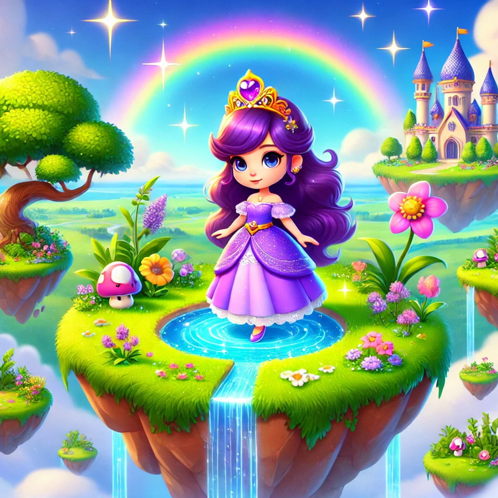 La Princesa Violeta con su vestido violeta y tiara dorada en una isla flotante con flores, árboles y un cielo azul con arco iris.