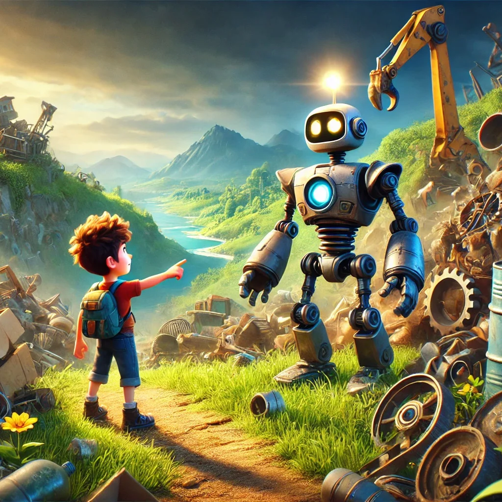 Leo y Robo explorando un paisaje postapocalíptico lleno de chatarra y vegetación emergente.