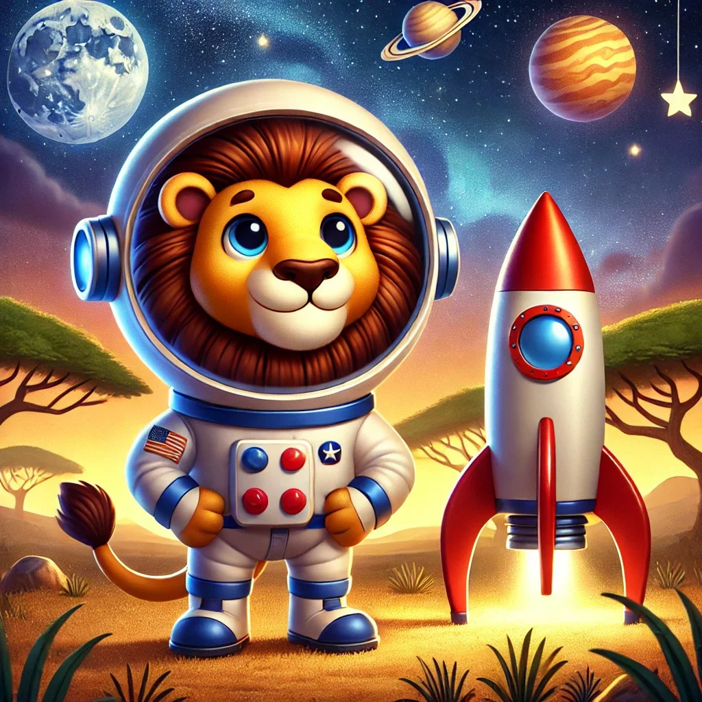 Max, el león valiente, vestido como astronauta, junto a un cohete en la sabana africana bajo un cielo estrellado en estilo cartoon 3D de fantasía.