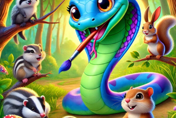 Sasha la serpiente pintando en el bosque con animales alrededor, estilo fantasía cartoon 3D.