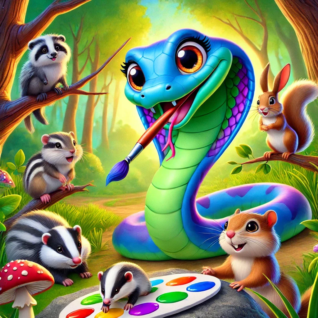Sasha la serpiente pintando en el bosque con animales alrededor, estilo fantasía cartoon 3D.