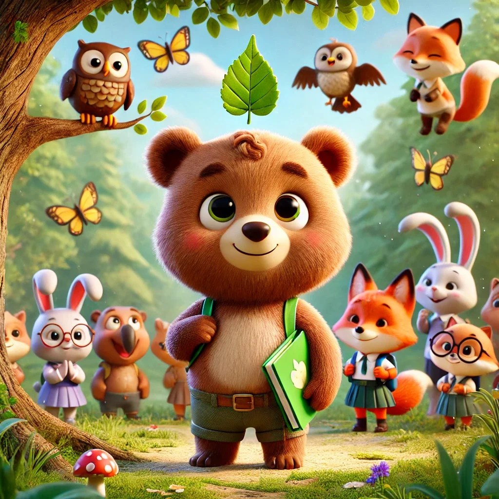 Ilustración en 3D de Octavio, el oso, rodeado de amigos animales en su primer día de clases en el bosque.