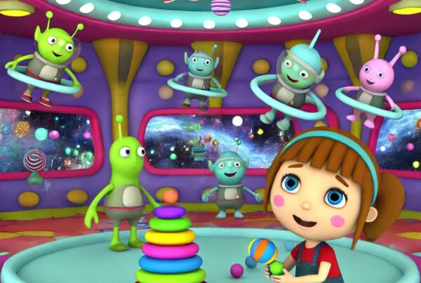 Una escena en 3D estilo caricatura con Sofia y aliens juguetones en una nave espacial colorida, llena de juguetes y luces brillantes