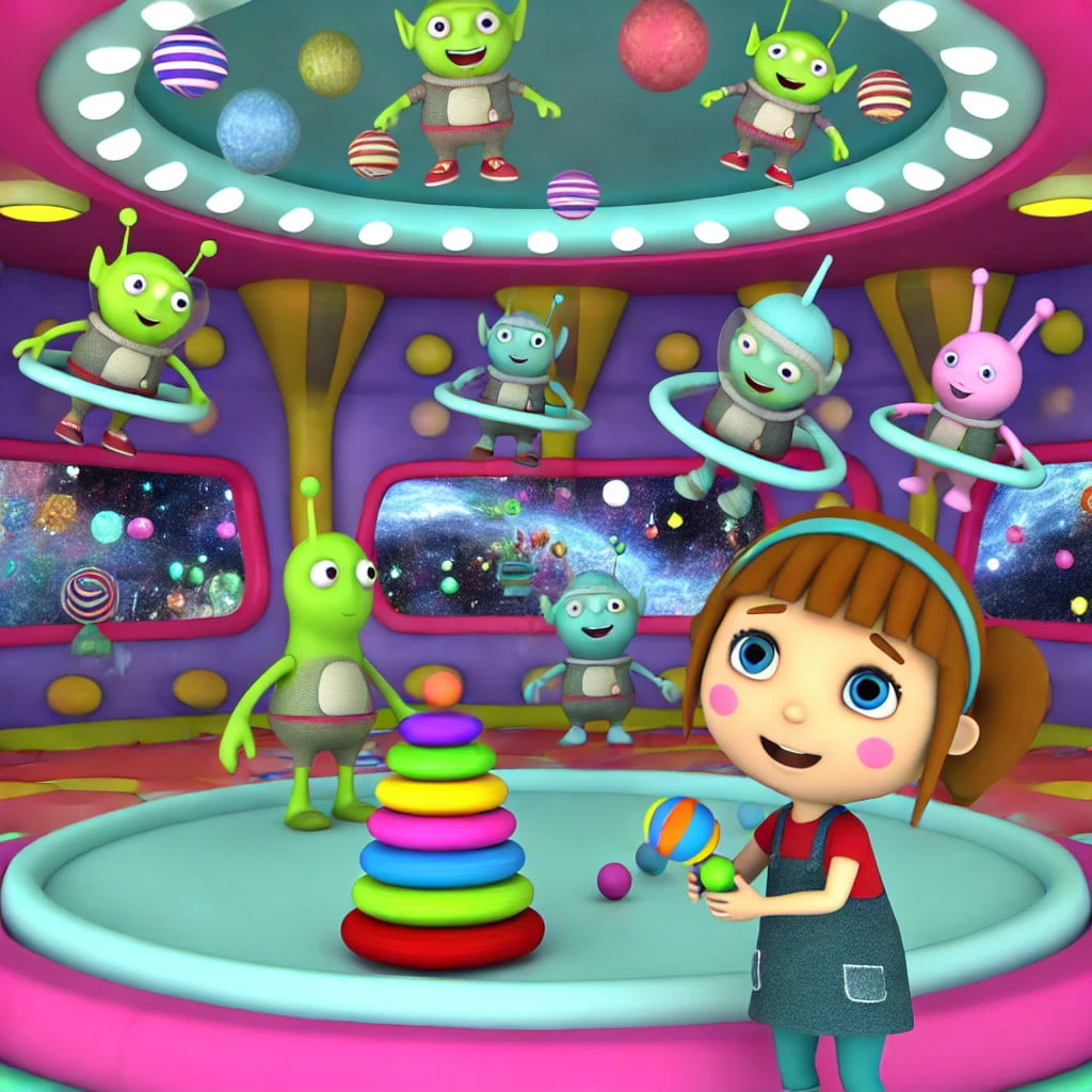 Una escena en 3D estilo caricatura con Sofia y aliens juguetones en una nave espacial colorida, llena de juguetes y luces brillantes