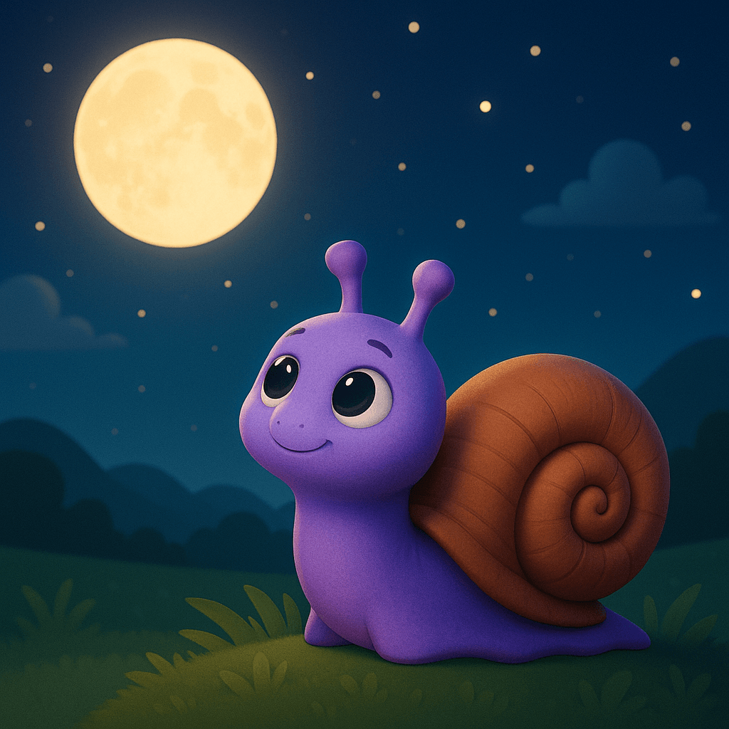 caracol lila mirando la luna en la noche, estilo 3d cartoon, cuentos en euskera