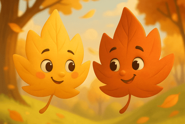 dos hojas con caras felices movidas por el viento en estilo 3d cartoon, cuentos en euskera