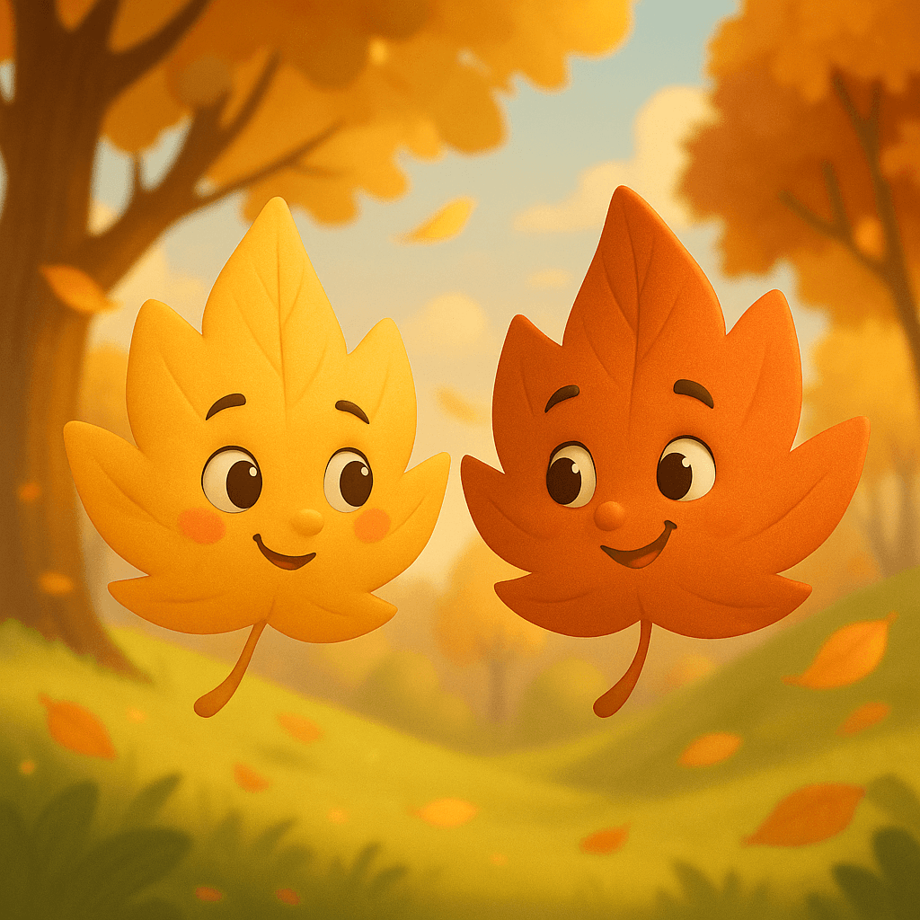 dos hojas con caras felices movidas por el viento en estilo 3d cartoon, cuentos en euskera