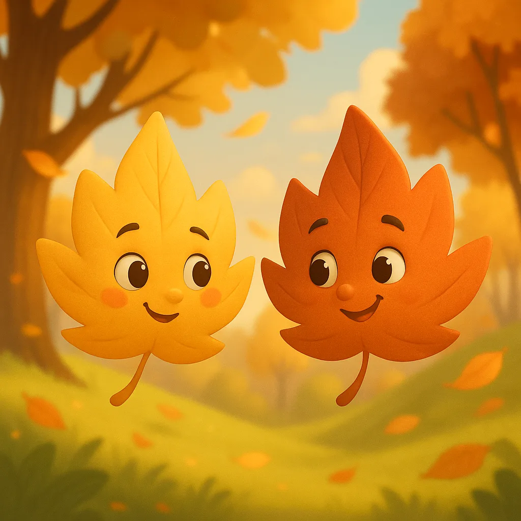 dos hojas con caras felices movidas por el viento en estilo 3d cartoon, cuentos en euskera