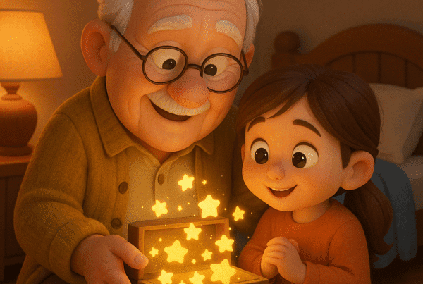 abuelo y nieta mirando una caja con estrellas brillantes, estilo 3d cartoon, cuentos en euskera