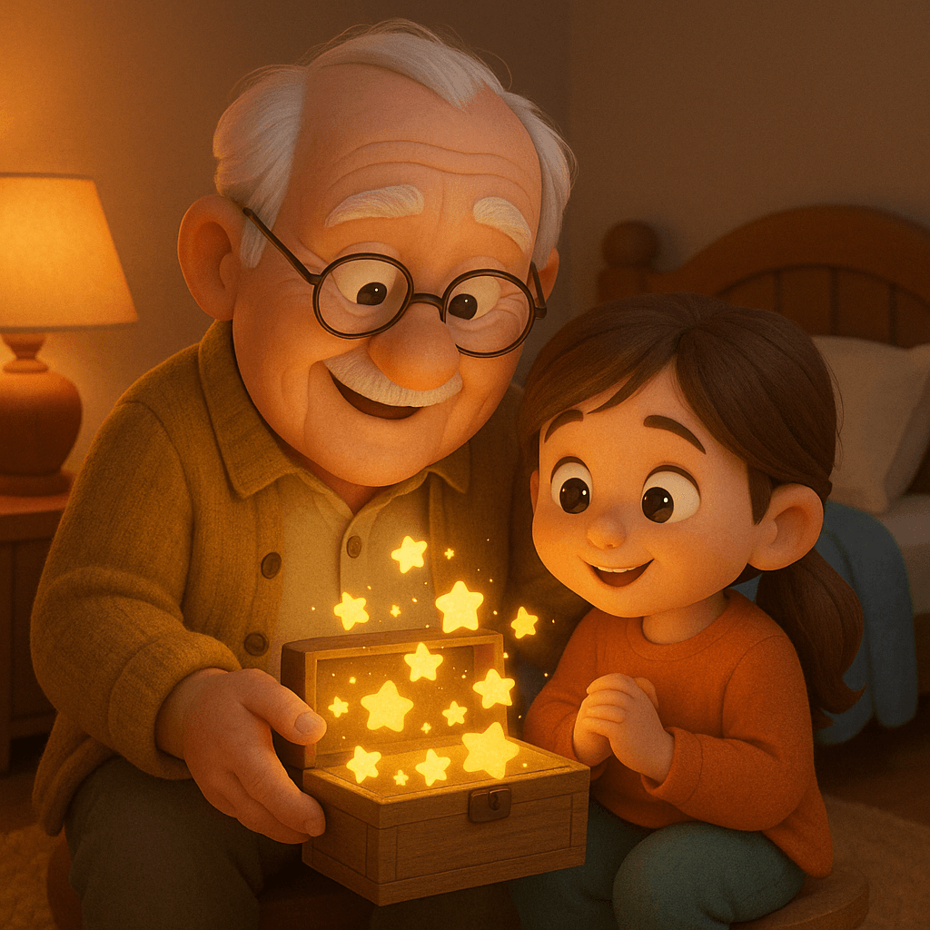 abuelo y nieta mirando una caja con estrellas brillantes, estilo 3d cartoon, cuentos en euskera