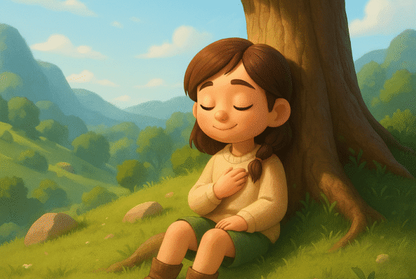 niña sentada bajo un árbol en la montaña, escena tranquila, ilustración 3D cartoon, cuentos en euskera