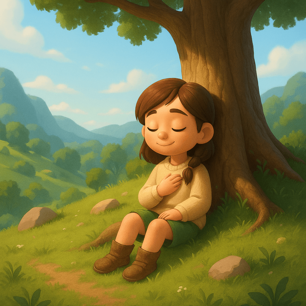 niña sentada bajo un árbol en la montaña, escena tranquila, ilustración 3D cartoon, cuentos en euskera