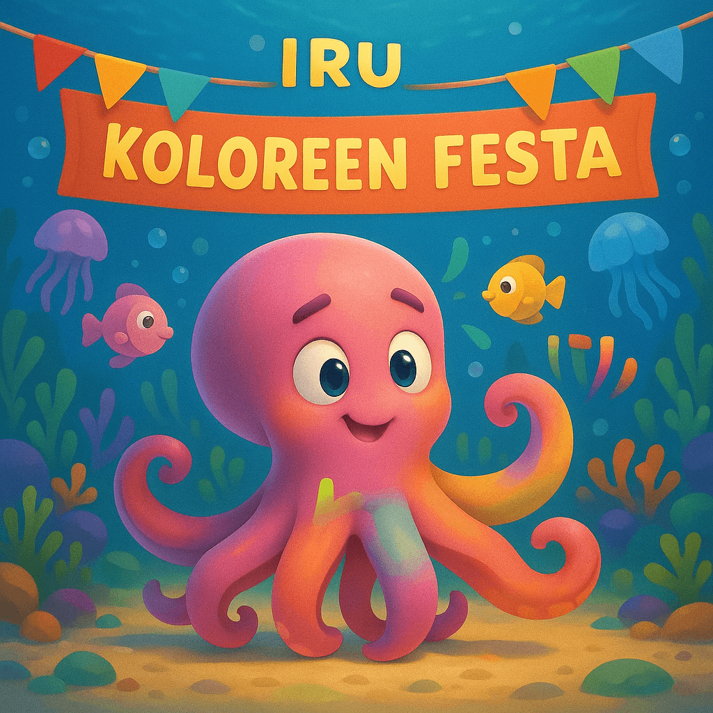 pulpo infantil 3d cambiando de colores en una fiesta submarina, cuentos en euskera