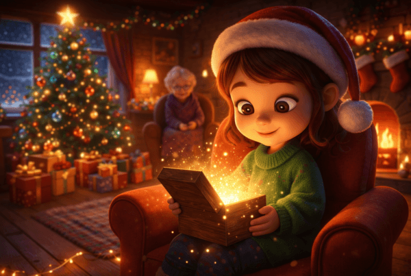 cuento navidad infantil sobre el regalo invisible, niña abriendo una caja mágica en Nochebuena rodeada de luz, amor y fantasía