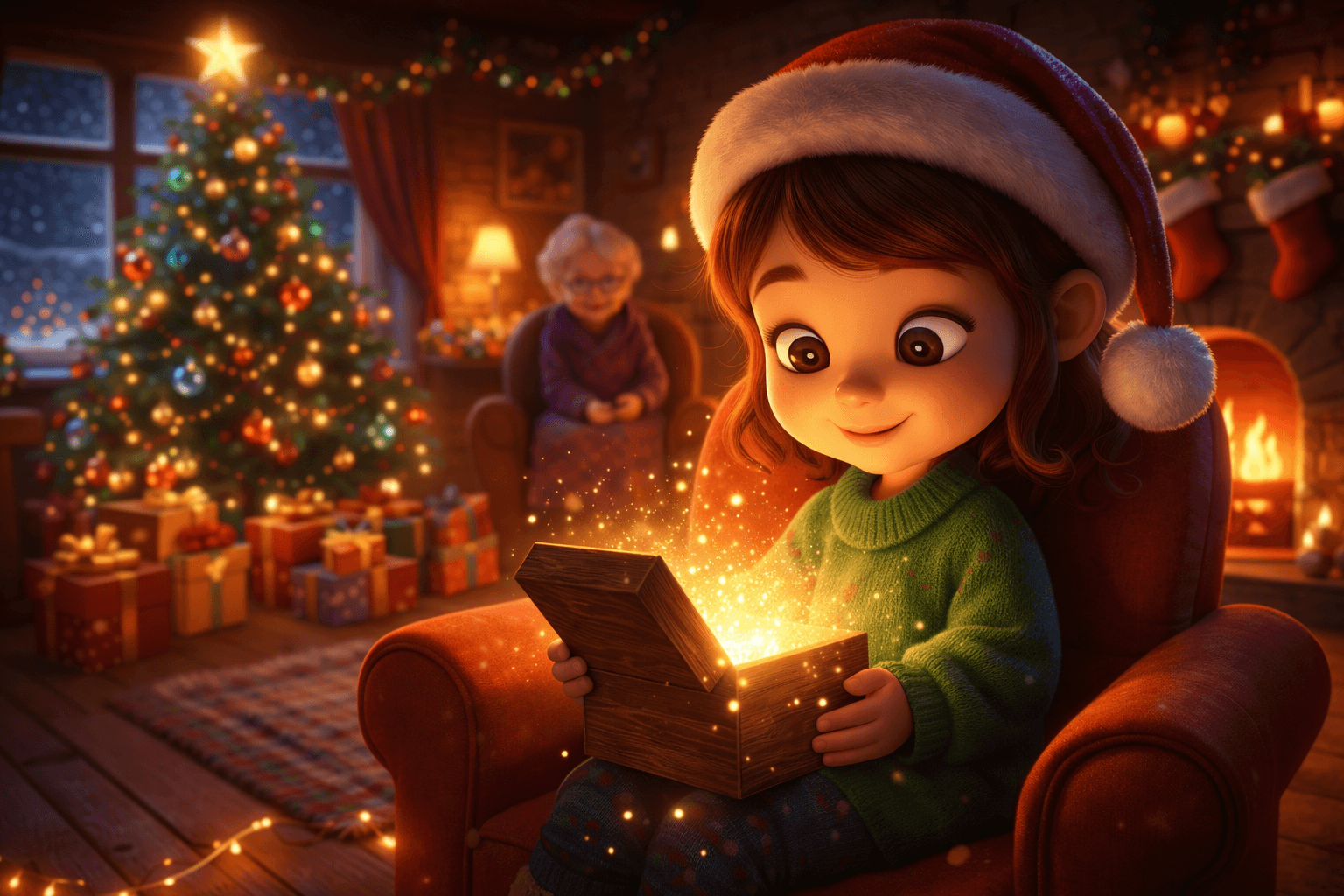 cuento navidad infantil sobre el regalo invisible, niña abriendo una caja mágica en Nochebuena rodeada de luz, amor y fantasía