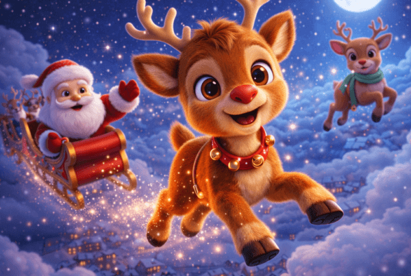 cuento navidad infantil del reno que tenía miedo a volar, reno volando por primera vez junto a Papá Noel en un cielo mágico de Nochebuena