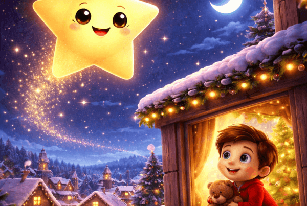 Ilustración 3D estilo cartoon de un cuento navidad donde una estrella sonriente brilla en el cielo y acompaña a un niño que la observa desde su ventana en Nochebuena.