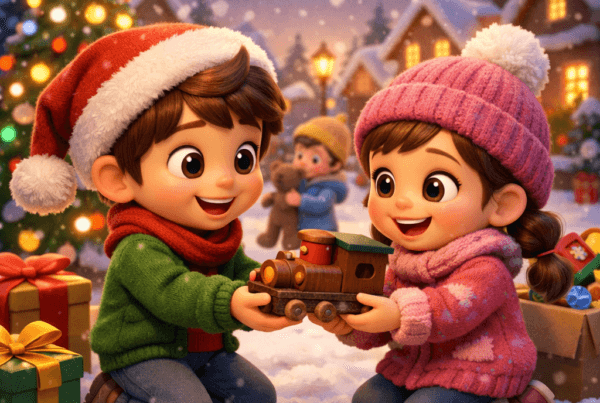 Ilustración estilo 3D cartoon de un niño compartiendo su juguete con otra niña en un pueblo nevado, transmitiendo valores de amistad y generosidad en un cuento navidad.