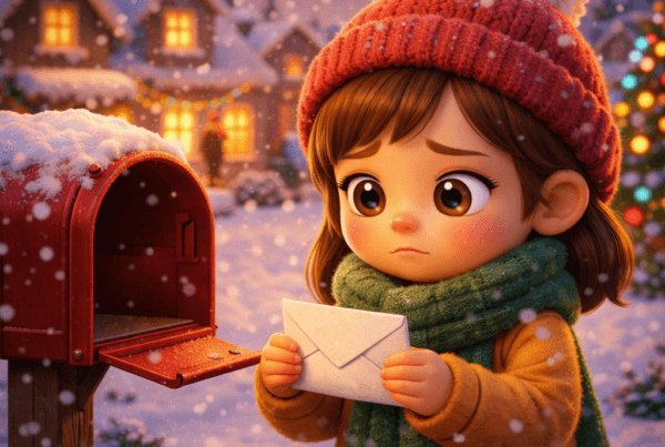 Ilustración estilo 3D cartoon de una niña sosteniendo una carta frente a un buzón rojo en un pueblo nevado, representando la espera, la paciencia y la esperanza en un cuento navidad.