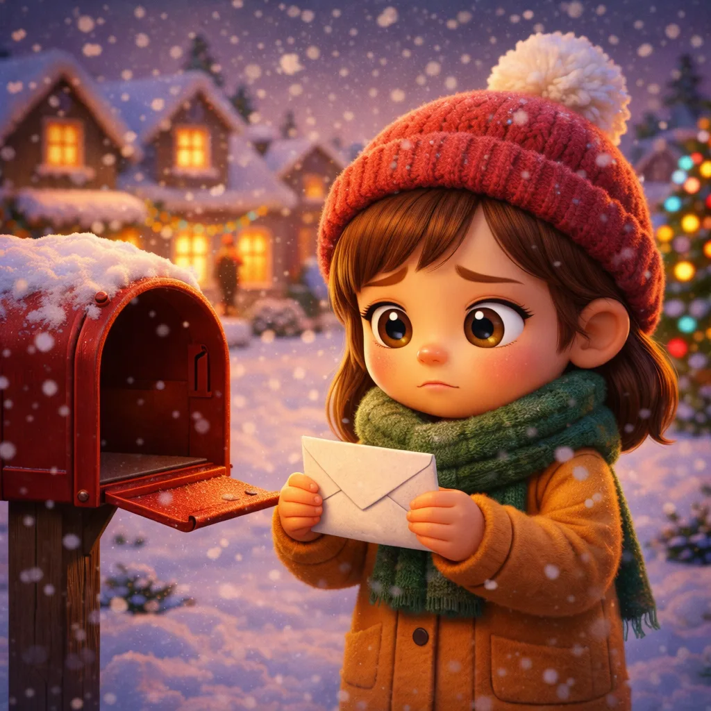 Ilustración estilo 3D cartoon de una niña sosteniendo una carta frente a un buzón rojo en un pueblo nevado, representando la espera, la paciencia y la esperanza en un cuento navidad.