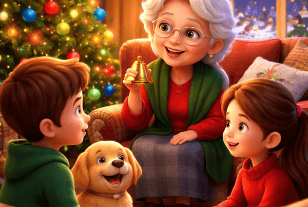 Ilustración 3D cartoon de un cuento navidad con una abuela y dos niños sentados junto al árbol de Navidad, escuchándose con atención mientras ella sostiene una campana dorada en un ambiente cálido y familiar.