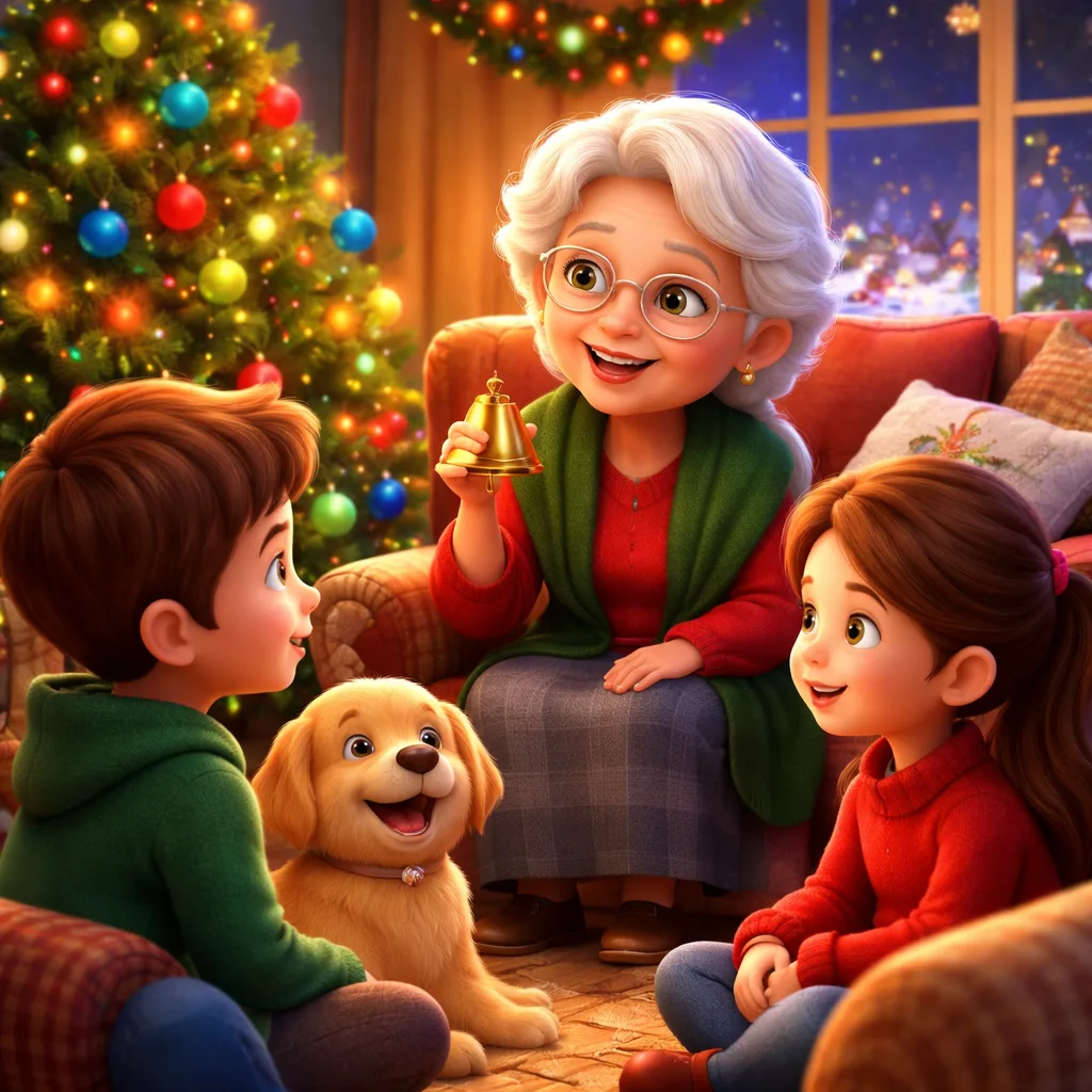 Ilustración 3D cartoon de un cuento navidad con una abuela y dos niños sentados junto al árbol de Navidad, escuchándose con atención mientras ella sostiene una campana dorada en un ambiente cálido y familiar.