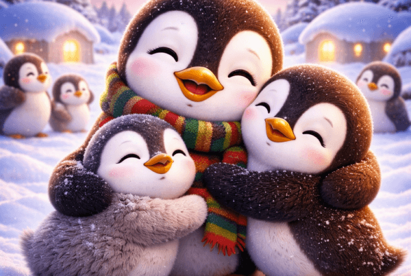 Ilustración 3D cartoon de un cuento navidad con un pingüino regalando abrazos a otros pingüinos en un paisaje invernal, transmitiendo afecto, cuidado y emociones positivas para niños.