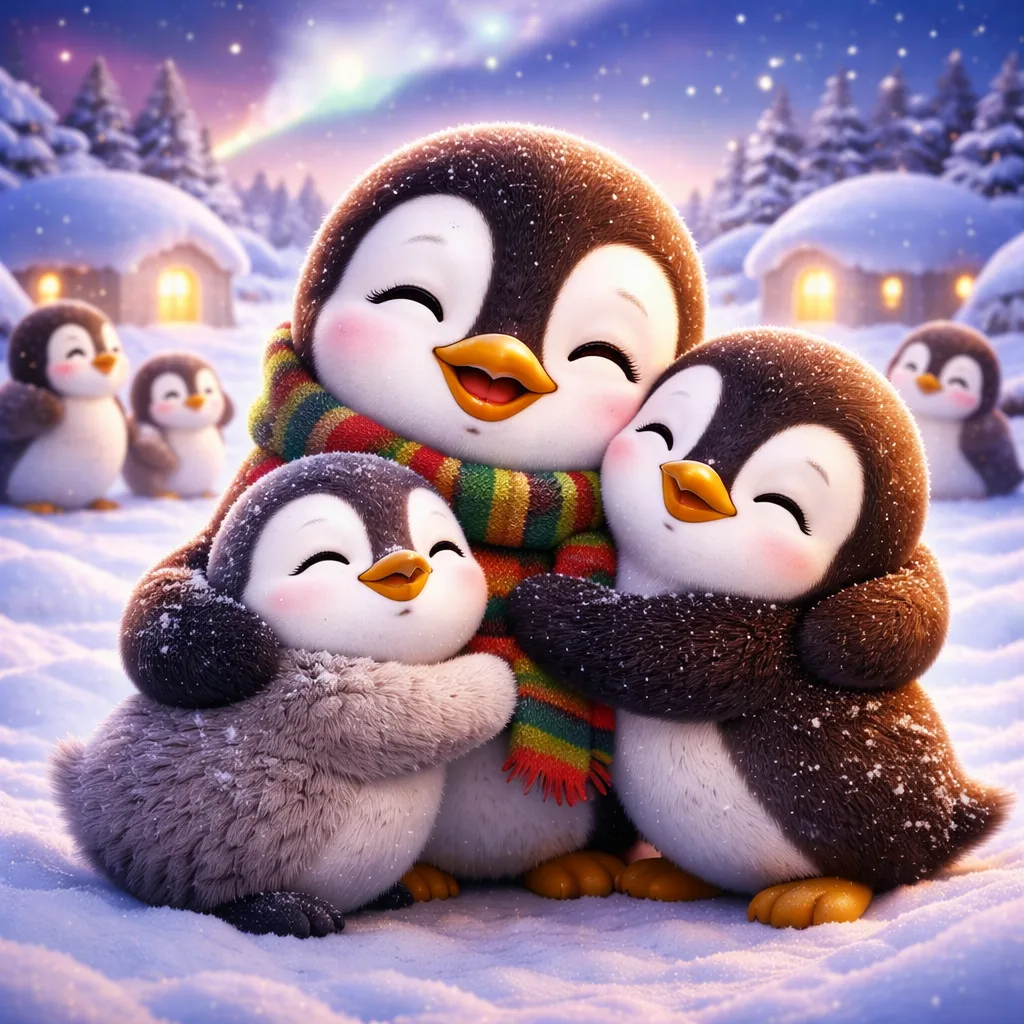Ilustración 3D cartoon de un cuento navidad con un pingüino regalando abrazos a otros pingüinos en un paisaje invernal, transmitiendo afecto, cuidado y emociones positivas para niños.