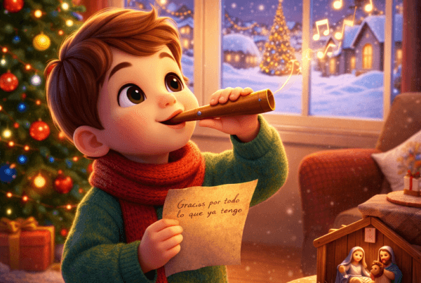 Ilustración 3D cartoon de un cuento navidad donde un niño sopla un silbato de madera y sostiene una nota de agradecimiento junto al árbol y el belén, transmitiendo la importancia de valorar lo simple en Nochebuena.