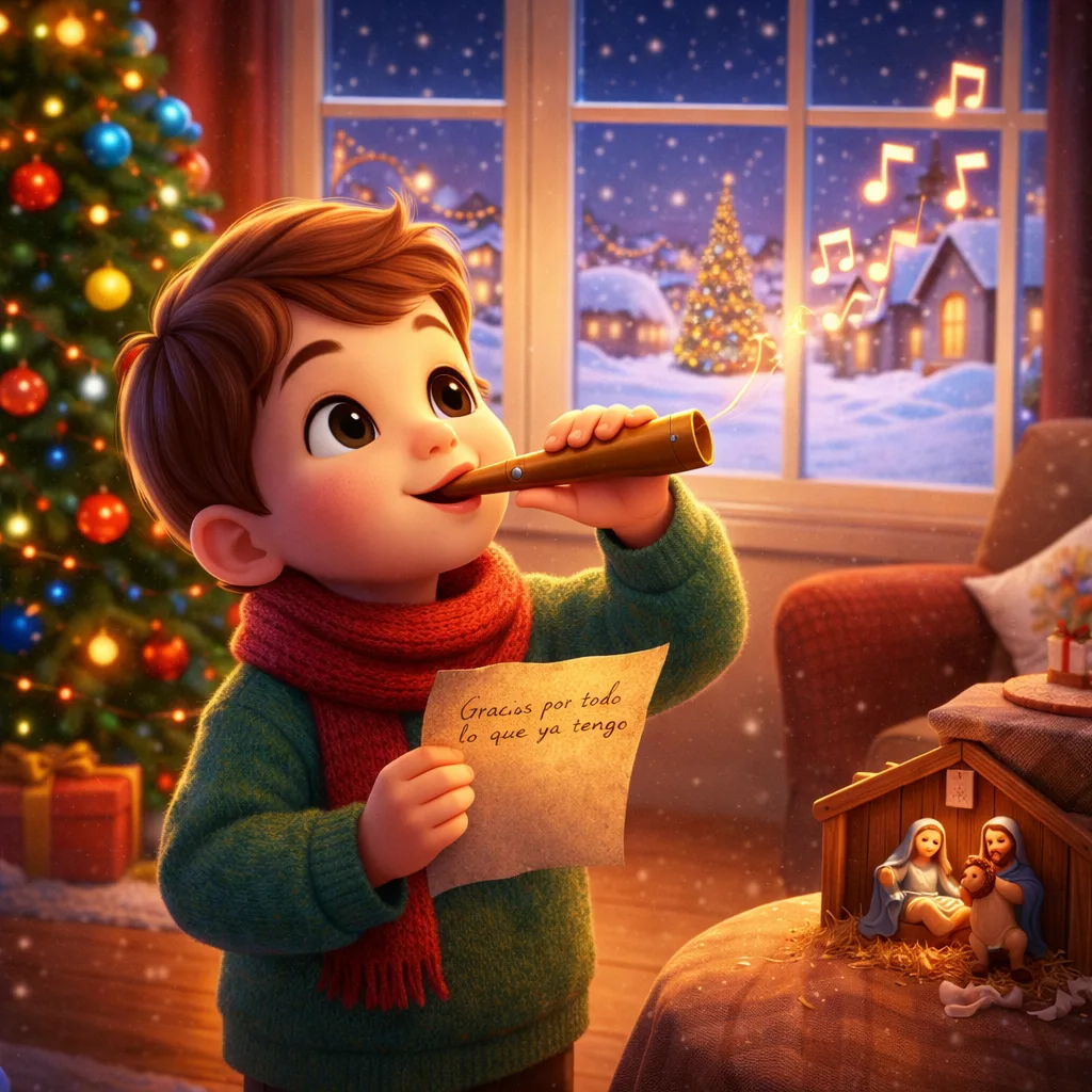 Ilustración 3D cartoon de un cuento navidad donde un niño sopla un silbato de madera y sostiene una nota de agradecimiento junto al árbol y el belén, transmitiendo la importancia de valorar lo simple en Nochebuena.